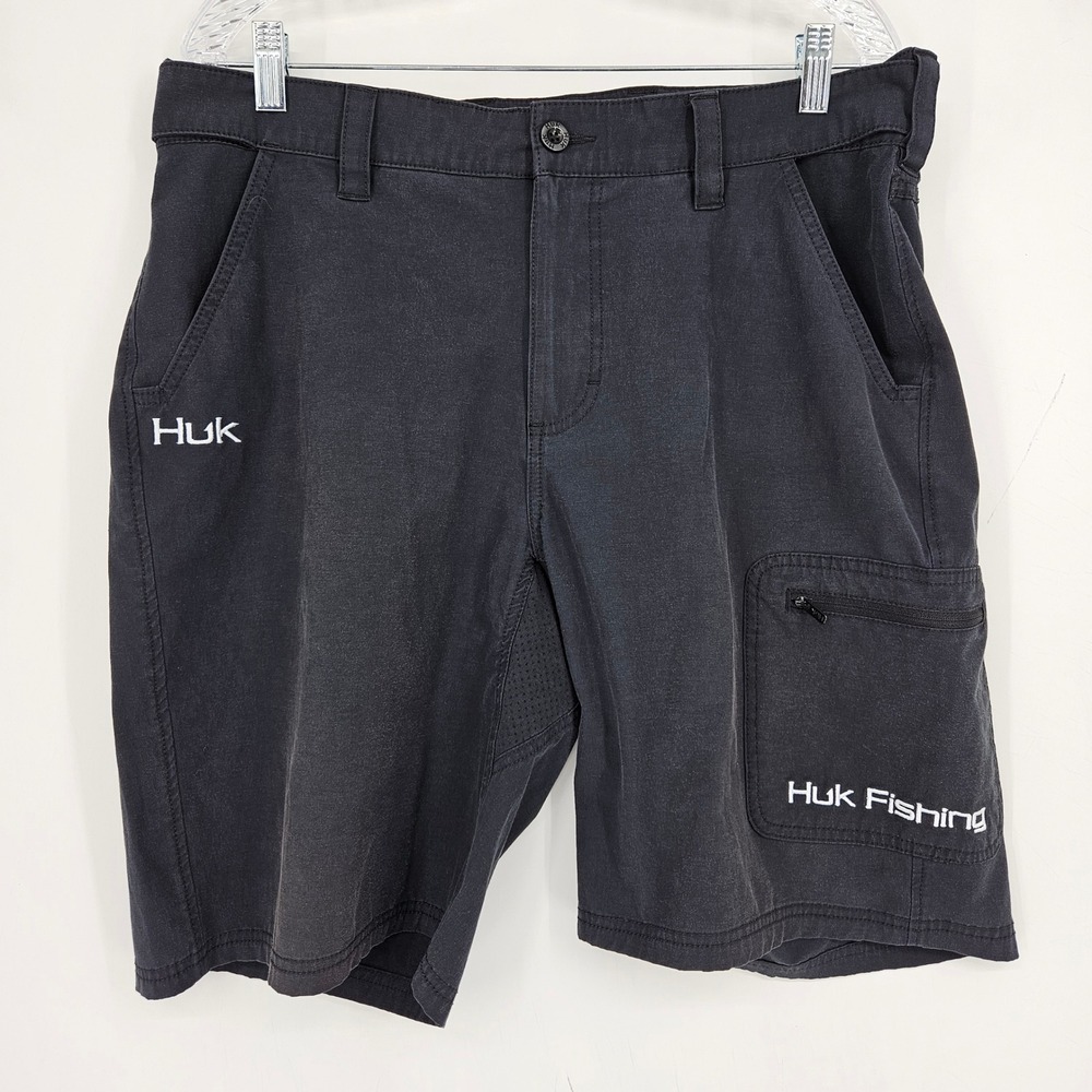 Huk Fishing Shorts Mens Large Black Cargos Utility Pocket Outdoor Performance